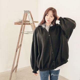 Balloon-sleeve Brushed-fleece Lined Cardigan