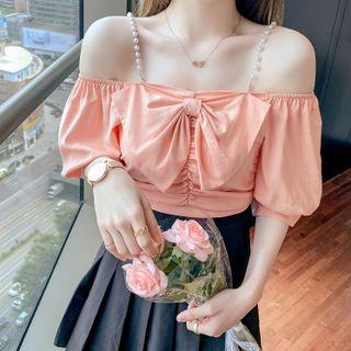Short-sleeve Off-shoulder Faux Pearl Trim Bow Chiffon Blouse