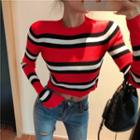 Striped Cropped Long-sleeve Top Red - One Size