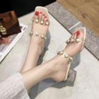 Square Toe Faux Pearl Strap Chunky Heel Slide Sandals
