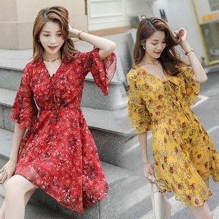 Ruffle Lace-up Floral Chiffon Dress