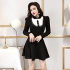 Long-sleeve Lace Trim Collar Dress Black - One Size