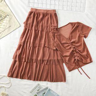 Set: Sequined Drawstring Crop Top + Layered A-line Skirt