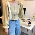 Long-sleeve Square-neck Check Blouse Yellow - One Size