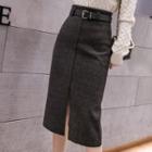 Belted Midi Wool Pencil Skirt