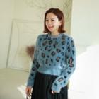 Rhinestone-trim Leopard Furry Sweater