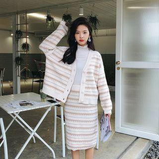 Set: Striped Cardigan + Knit Skirt As Shown In Figure - One Size