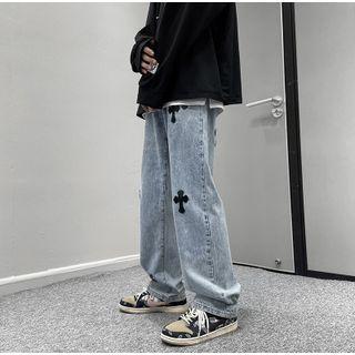 Cross Embroidery Loose Fit Jeans