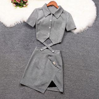 Set: Short-sleeve Crop Shirt + Buckled Mini Skirt