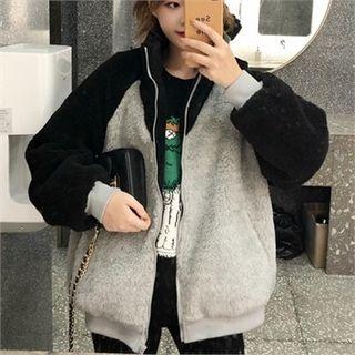 Raglan-sleeve Color-block Fleece Jacket Gray - One Size
