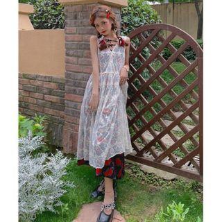 V-neck Lace Midi A-line Dress / Floral Midi A-line Dress