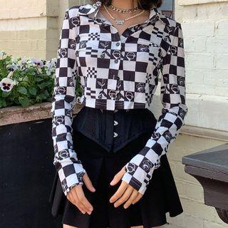 Printed Plaid Long Sleeve Cropped Top