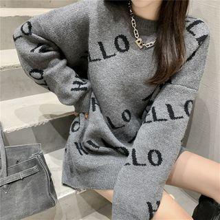 Lettering Loose-fit Sweater / High-neck Lace Top / Lace Midi Skirt As Figure - One Size