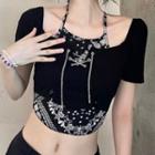 Mock Two-piece Short-sleeve Paisley Print Crop T-shirt Black - One Size