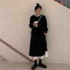 Puff-sleeve Layered Midi A-line Dress Black & White - One Size