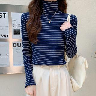 Long-sleeve Mock-neck Striped Frill Trim Top