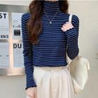 Long-sleeve Mock-neck Striped Frill Trim Top