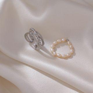 Set: Freshwater Pearl Ring + Layered Ring Silver - One Size