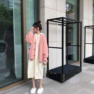 Distressed Cardigan / Hooded Long-sleeve Midi Dress / Set