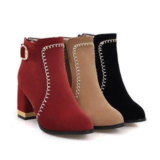 Chunky Heel Stitched Belted Short Boots