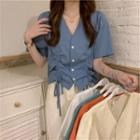 Elbow-sleeve Drawstring Button-up Blouse