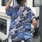 Printed Elbow-sleeve Shirt Blue & White - One Size