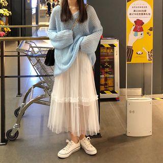 V-neck Cable Knit Sweater / Sheer Panel Midi Skirt