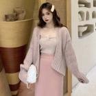 Open Front Cardigan / Strapless Ribbed Knit Top / Midi A-line Knit Skirt
