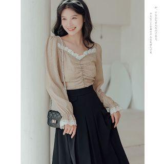 Set: Lace Trim Blouse + Accordion Pleat Skirt