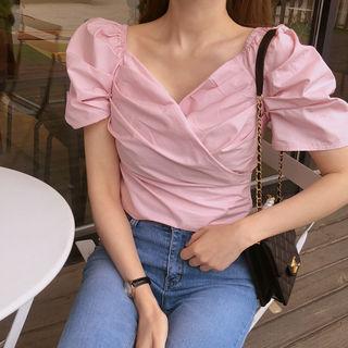 Smocked Back-panel Puff-sleeve Pintuck Wrap Blouse Pink - One Size