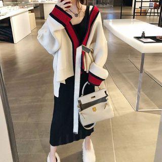 Set: Striped Trim Knit Cardigan + Knit Plain Tank Dress