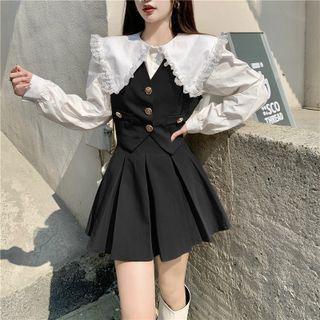 Button-up Vest / Collared Blouse / Pleated Mini A-line Skirt / Set