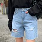 Distressed Mid-length Denim Shorts