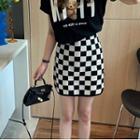 Checkerboard Pattern Knit Mini A-line Skirt