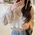Floral Print Bell-sleeve Blouse / Pointelle Knit Camisole Top