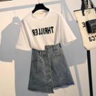 Set Elbow-sleeve Letter T-shirt + Denim Mini Skirt