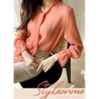 Tie-neck Bell-cuff Sheer Blouse Peach - One Size