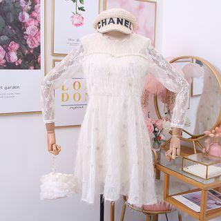 Lace Patchwork Bright Silk Long-sleeved Dress