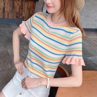 Short-sleeve Frill Trim Striped Knit Top