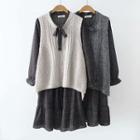 Set: Plaid Long-sleeve A-line Dress + V-neck Cable Knit Vest