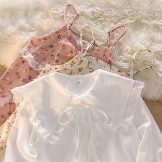 Collared Lace Trim Blouse / Floral Print A-line Overall Dress