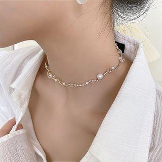 Faux Pearl Rhinestone Wavy Alloy Choker Gold - One Size