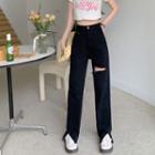 Mid Rise Cutout Straight Leg Pants