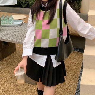 Checkered Sweater Vest Green & Pink & White & Black - One Size