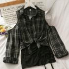 Set: Off-shoulder Plaid Shirt + Drawstring Slipdress Black - One Size