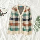V-neck Check Loose-fit Cardigan As Shown In Figure - One Size