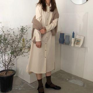 Plain Long-sleeve Loose-fit Dress Almond - One Size