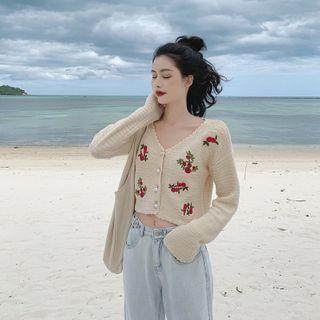 Long-sleeve Floral Embroidered Buttoned Knit Top Almond - One Size