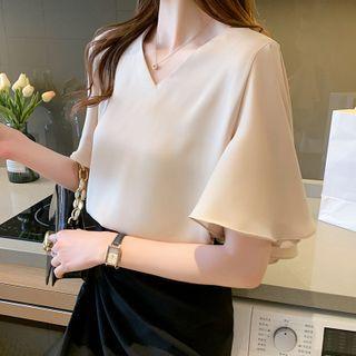 Ruffle Sleeve V-neck Chiffon Shirt