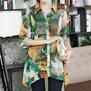 Lace-panel Tie-back Printed Blouse